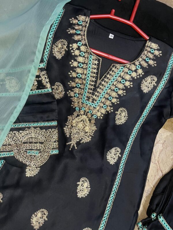 Neck, Sleeves Border Embroidery With Kayawork Shirt And Emb Trouser With Plain Contrast Dupatta Kids 3Pcs - Image 9