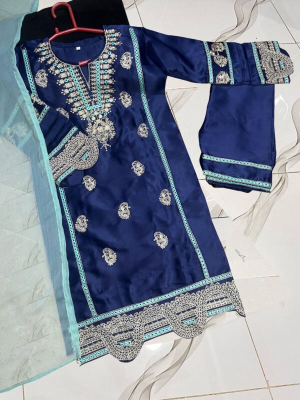 Neck, Sleeves Border Embroidery With Kayawork Shirt And Emb Trouser With Plain Contrast Dupatta Kids 3Pcs - Image 7