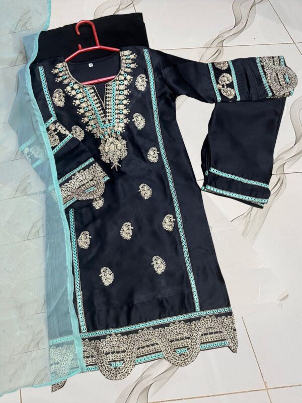 Neck, Sleeves Border Embroidery With Kayawork Shirt And Emb Trouser With Plain Contrast Dupatta Kids 3Pcs - Image 10