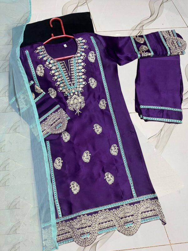 Neck, Sleeves Border Embroidery With Kayawork Shirt And Emb Trouser With Plain Contrast Dupatta Kids 3Pcs - Image 2