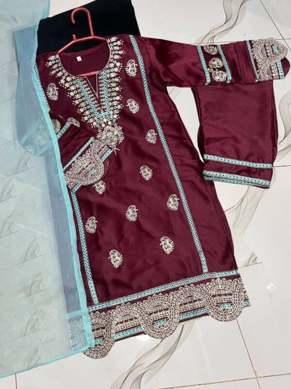 Neck, Sleeves Border Embroidery With Kayawork Shirt And Emb Trouser With Plain Contrast Dupatta Kids 3Pcs - Image 4