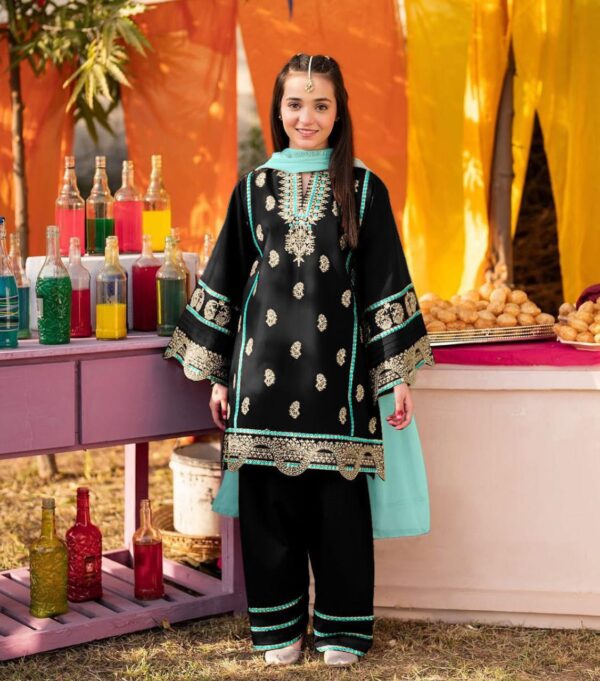Neck, Sleeves Border Embroidery With Kayawork Shirt And Emb Trouser With Plain Contrast Dupatta Kids 3Pcs - Image 8