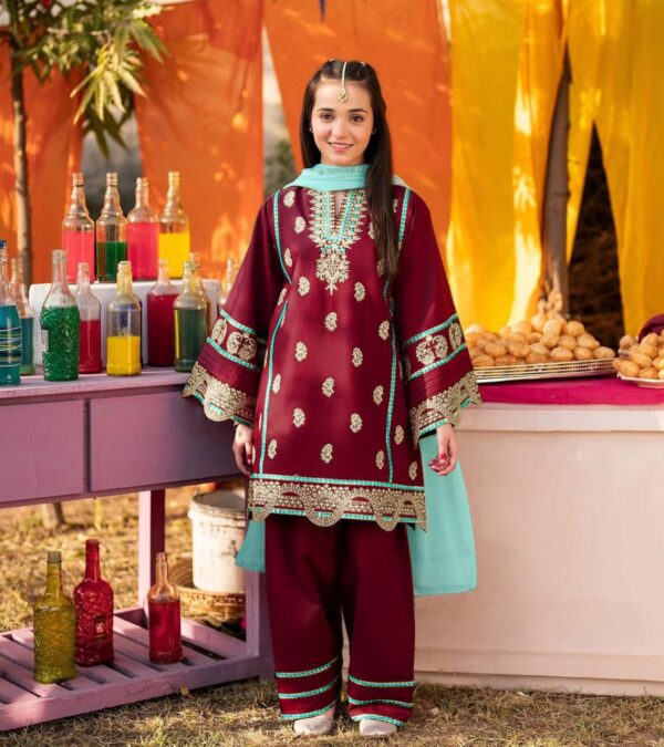 Neck, Sleeves Border Embroidery With Kayawork Shirt And Emb Trouser With Plain Contrast Dupatta Kids 3Pcs - Image 3