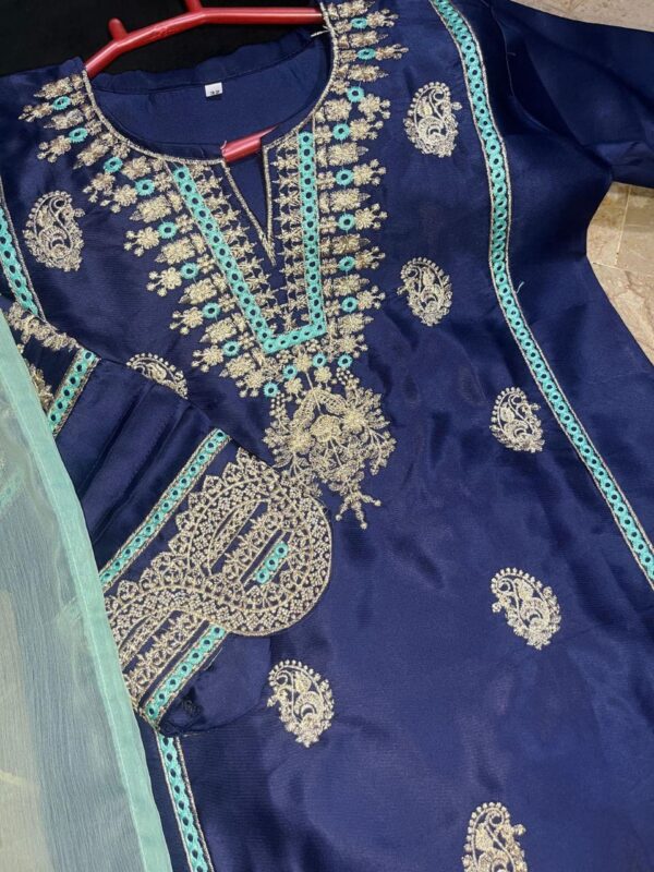 Neck, Sleeves Border Embroidery With Kayawork Shirt And Emb Trouser With Plain Contrast Dupatta Kids 3Pcs - Image 6