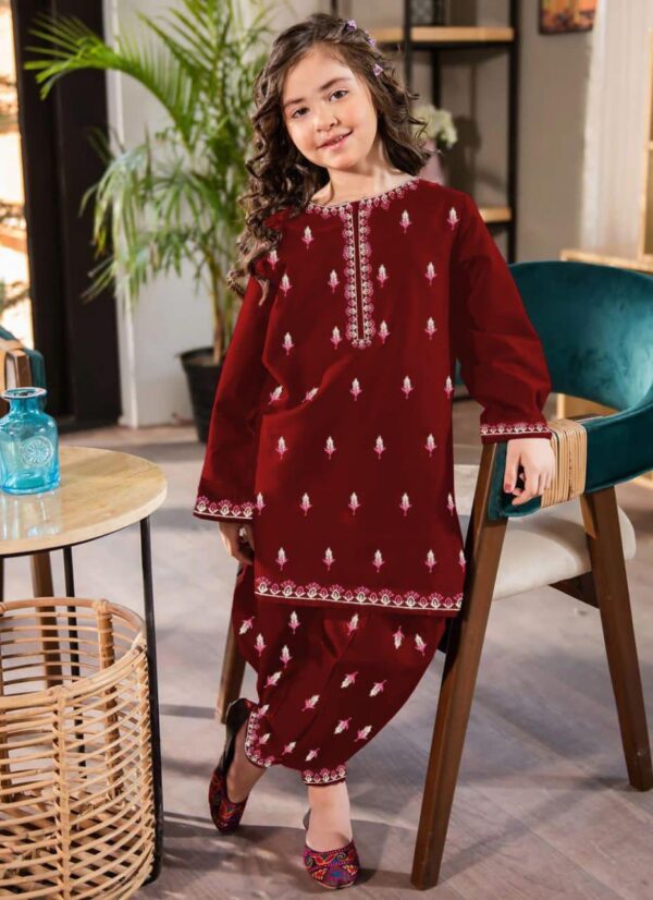 2Pcs Front Neck,Border Embroidered Shirt With Emb Trouser Kids 2Pcs